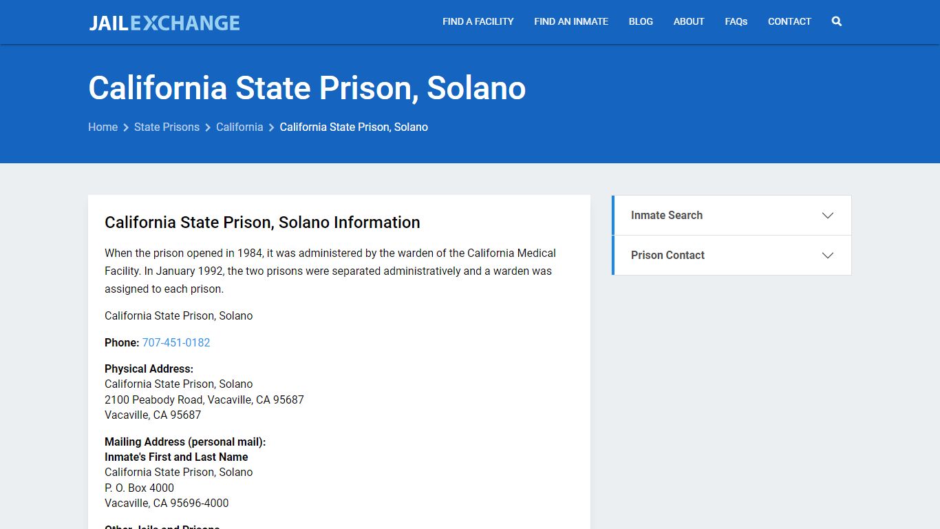 California State Prison, Solano Inmate Search, CA - Jail Exchange